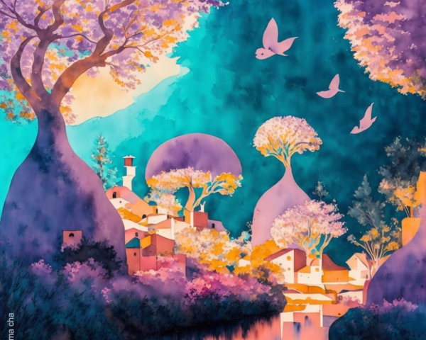 Whimsical Landscape with Vibrant Trees and Village