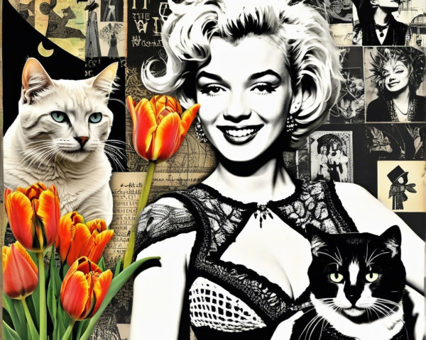 Stylized Black-and-White Portrait with Cats and Tulips