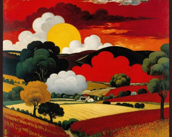 Vibrant Landscape with Rolling Hills and Dramatic Sky