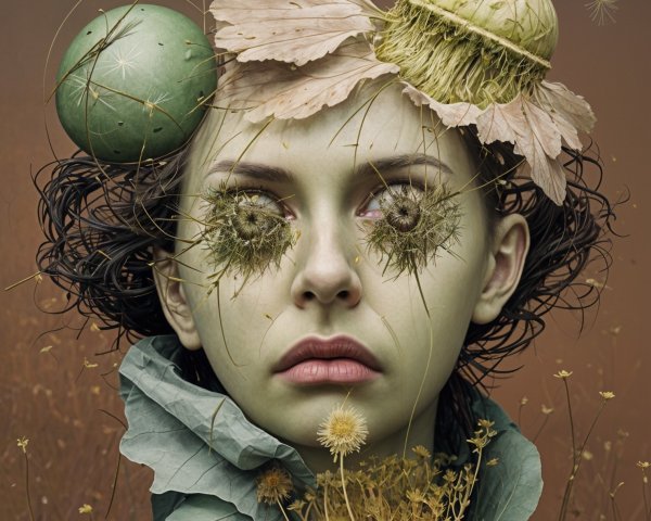 Surreal portrait of a woman with botanical elements