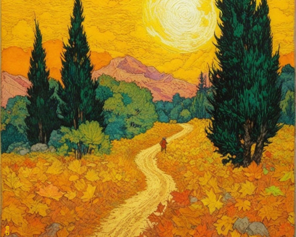 Vibrant Autumn Landscape with Winding Pathway and Trees