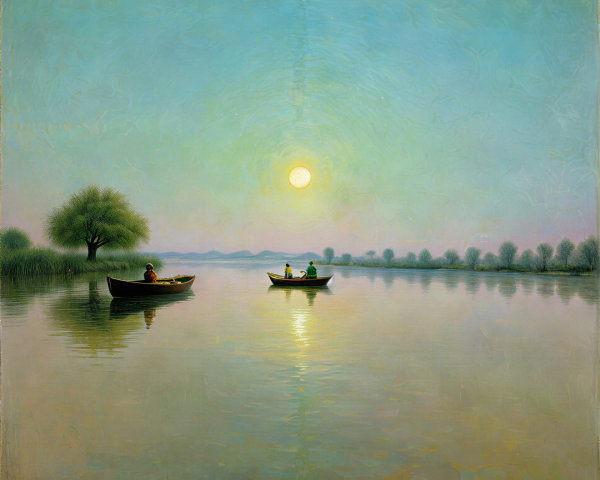 Sunset Over Serene Lake with Boats and Silhouetted Trees