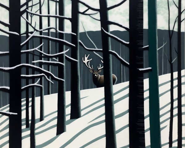Minimalist Digital Painting of Black Deer in Snowy Forest
