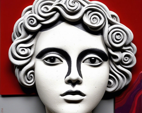 Stylized sculpture of a face with curly hair and accents