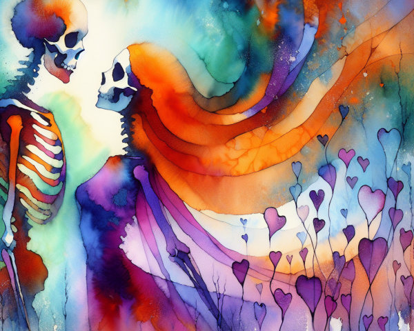 Watercolor Scene of Skeletons in a Dreamlike Setting