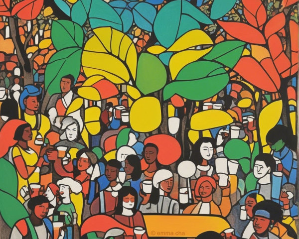 Abstract Artwork of Colorful Figures in Lush Setting
