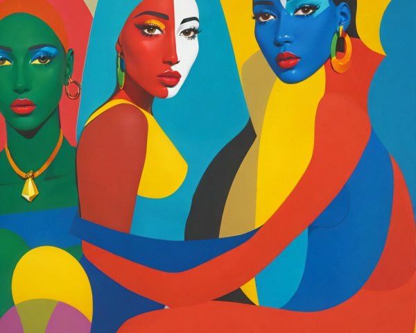 Three Stylized Female Figures in Vibrant Colors