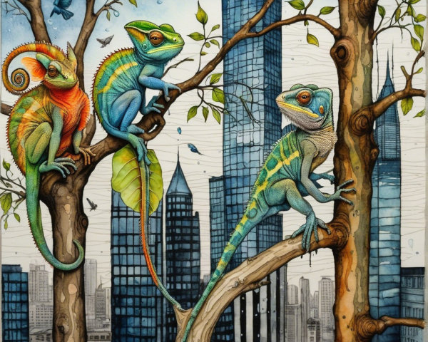 Colorful Lizards Against a City Skyline Background