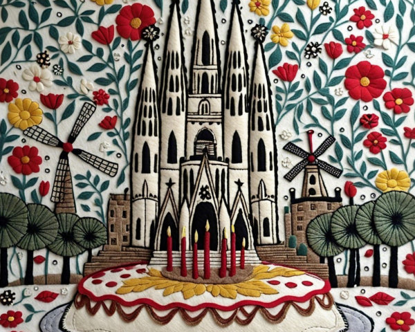 Gothic Cathedral Embroidery with Cake and Windmills