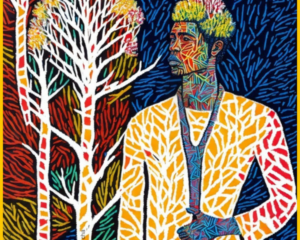 Man Silhouette with Colorful Trees and Patterns