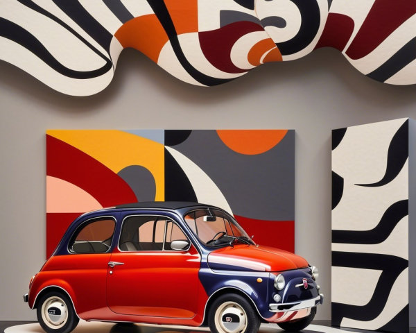 Vintage Car in Modern Artistic Setting with Abstract Patterns