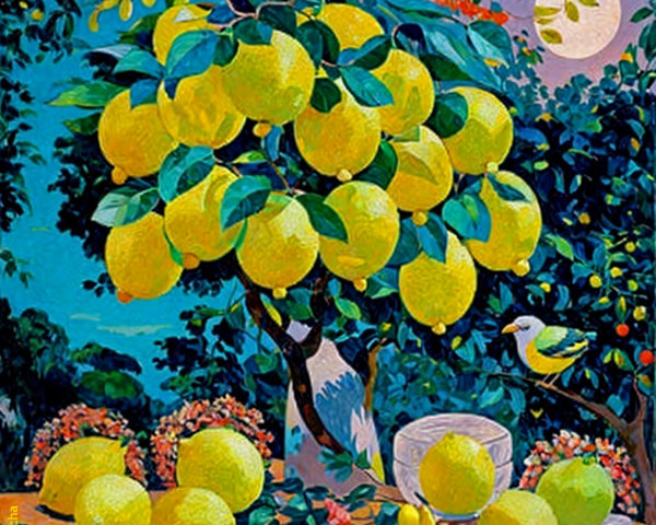 Lemon Tree Scene with Moonlit Background and Flowers