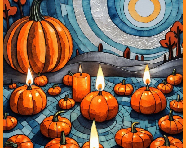 Serene Autumn Scene with Vibrant Pumpkins and Hills