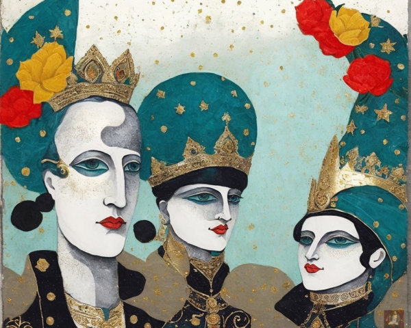 Elegantly Dressed Figures with Intricate Headpieces