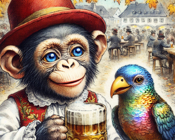 Cheerful monkey with beer in festive outdoor scene