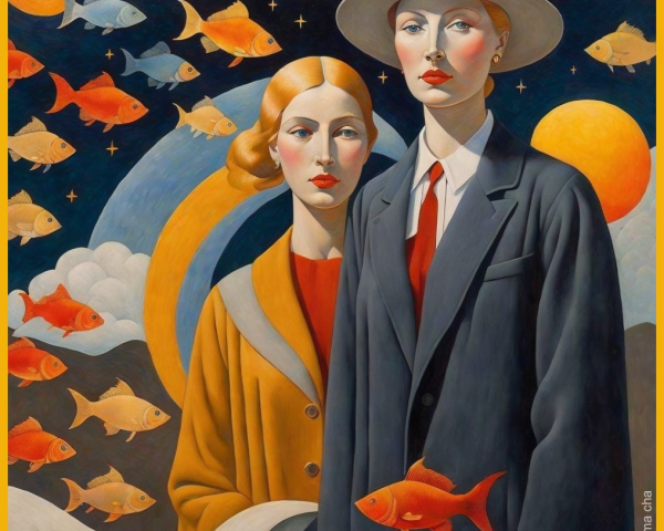Elegant figures under a surreal starry night sky