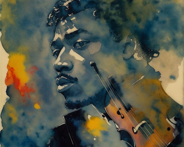 Watercolor Portrait of a Man with Violin and Emotion
