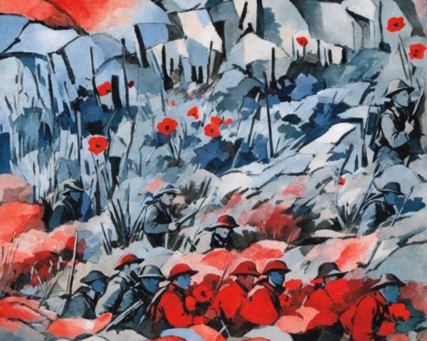 Soldiers in a War-Torn Landscape with Poppies