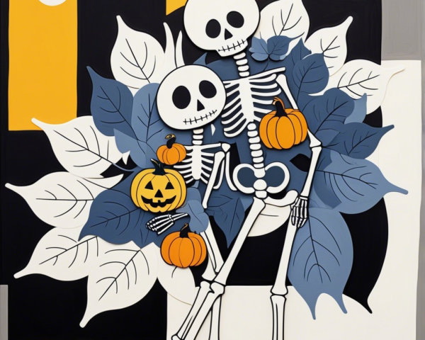 Colorful Cartoon Skeletons with Pumpkins and Leaves
