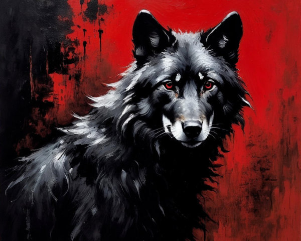 Black Wolf on Red Background with Textured Fur