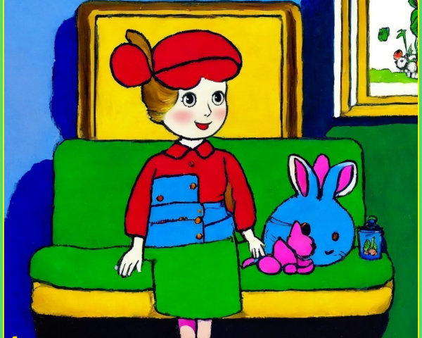 Colorful Cartoon Scene with Girl, Bunny, and Cat