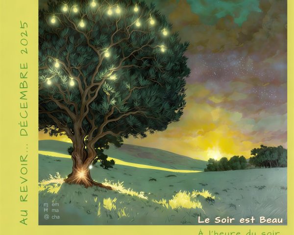 Majestic Pine Tree with Glowing Lights at Sunset