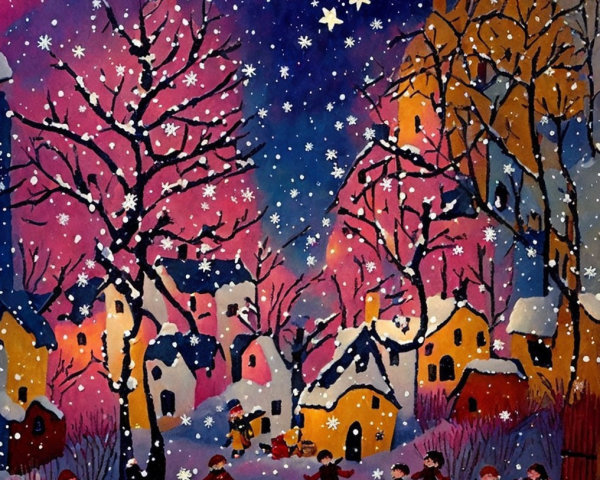 Whimsical Winter Scene with Colorful Houses and Snow
