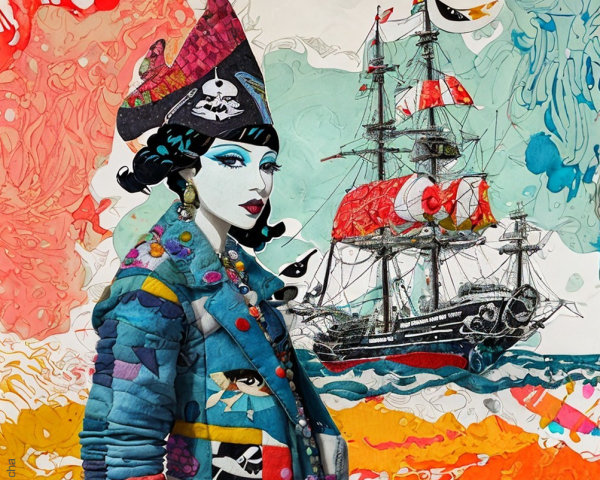 Stylized Pirate Woman with Colorful Jacket and Ship