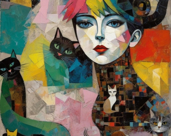 Stylized Woman with Colorful Hair and Playful Cats