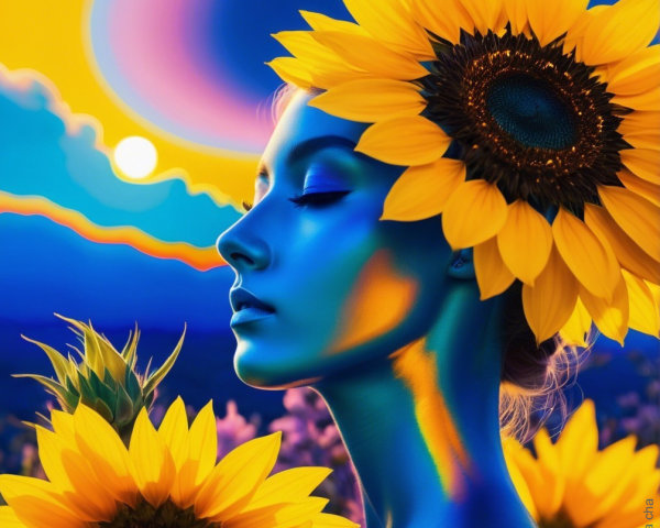 Surreal Portrait of a Woman with Blue Skin and Sunflowers