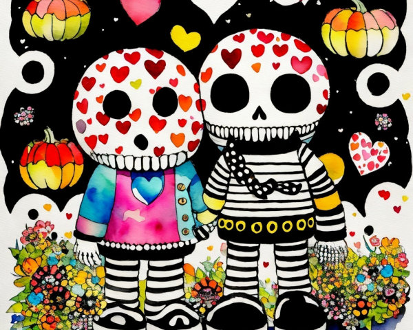 Skeletal Figures with Hearts Amidst Whimsical Decor