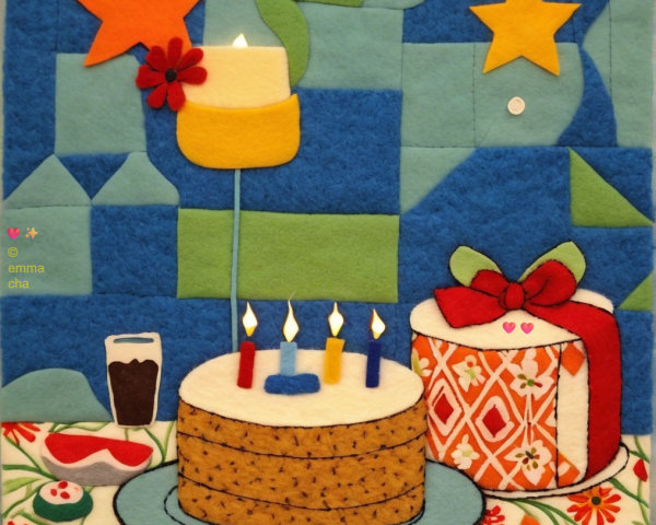 Colorful Celebration Scene with Cake and Gifts
