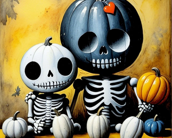 Whimsical Skeletons with Pumpkins in Autumn Setting