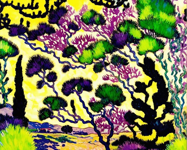 Fauvist Landscape Painting with Colorful Trees and Sky