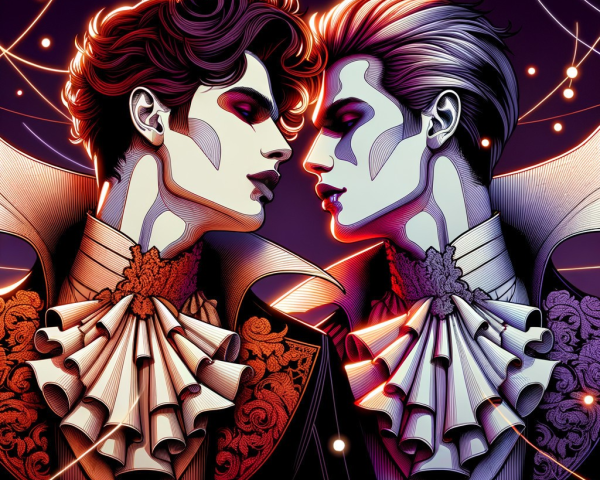 Stylized Figures in Ornate Outfits with Cosmic Background