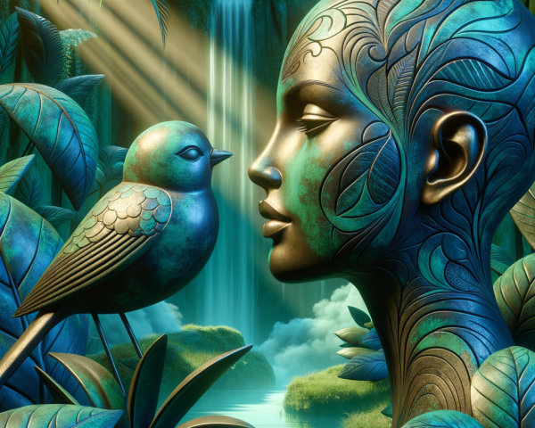 Stylized Female Face with Turquoise and Leaf Patterns
