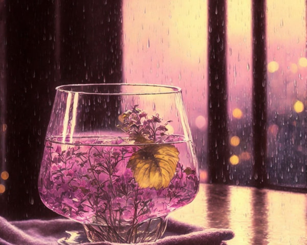 Vibrant Purple Flowers in Glass with Yellow Leaf
