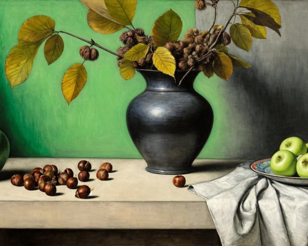 Still Life with Green Apples and Chestnuts on Table