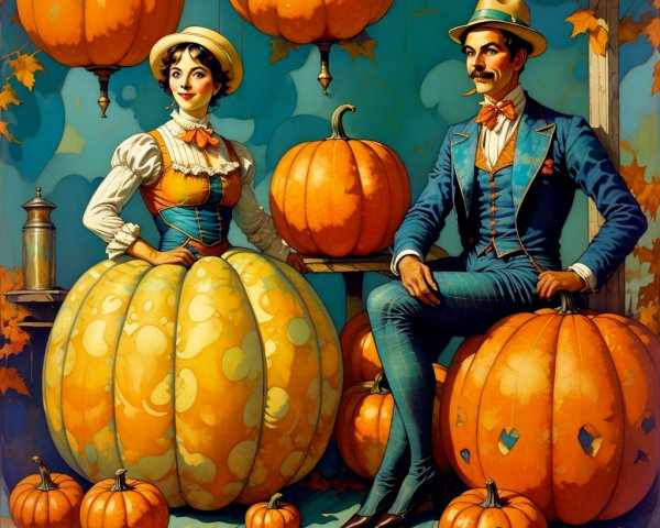 Whimsical Autumn Couple Among Vibrant Pumpkins