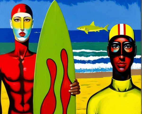 Stylized Figures on a Vibrant Beach with Surfboard