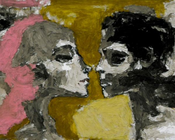 Stylized Embrace of Two Figures with Bold Colors