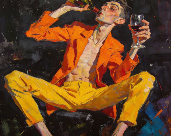 Emaciated Man Portrait with Wine and Bright Clothing