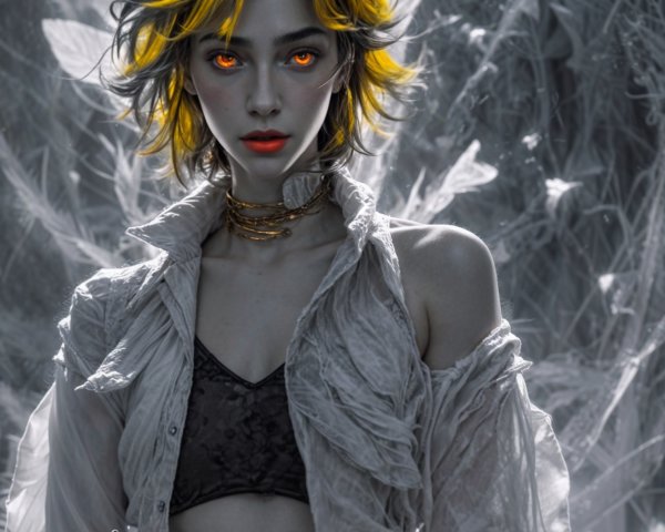 Model with Yellow Hair and Orange Eyes in Sheer Top