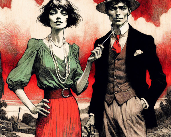 Vintage Couple Against Dramatic Red Sky