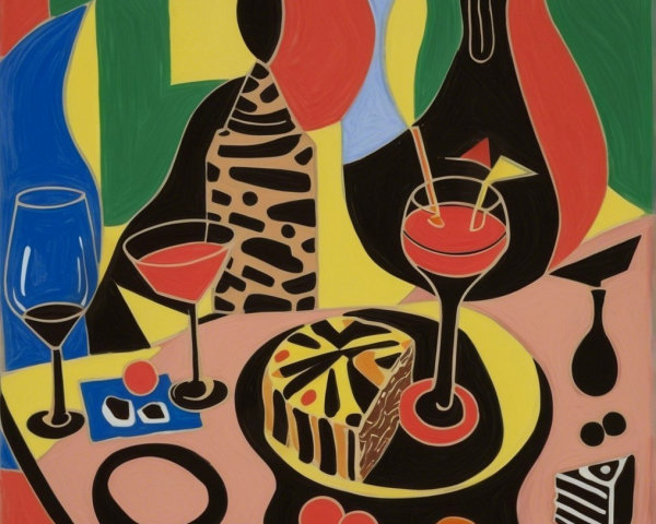 Vibrant Abstract Still Life with Cake and Cocktails