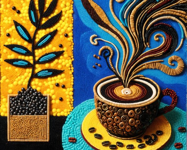 Intricate Beaded Coffee Cup Design on Colorful Background