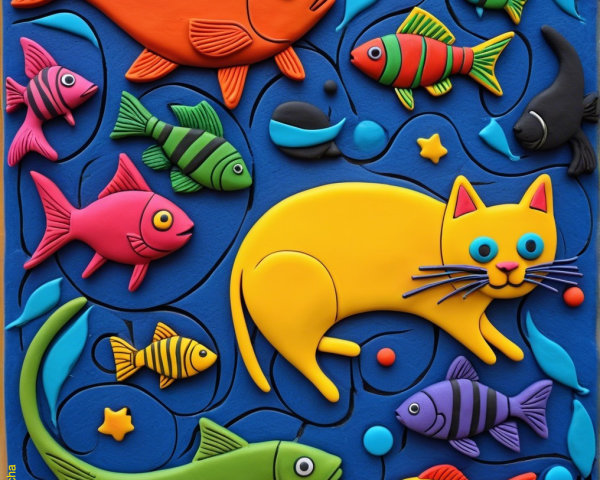 Vibrant Artwork of Yellow Cat with Colorful Fish