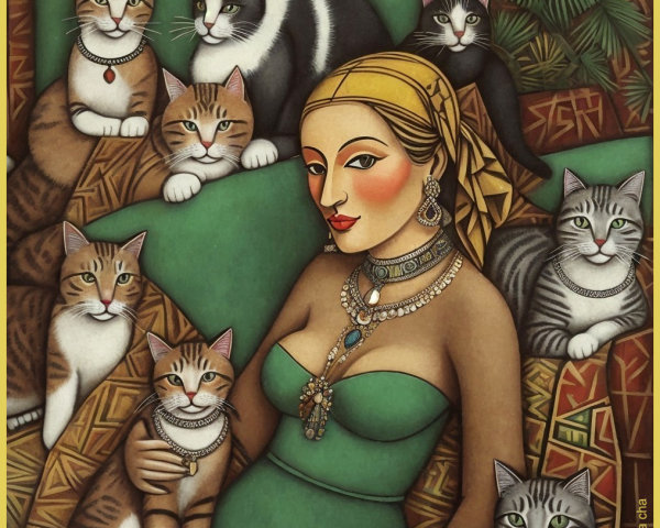 Woman in Green Dress Surrounded by Seven Cats