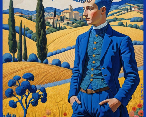 Young man in blue suit against vibrant landscape