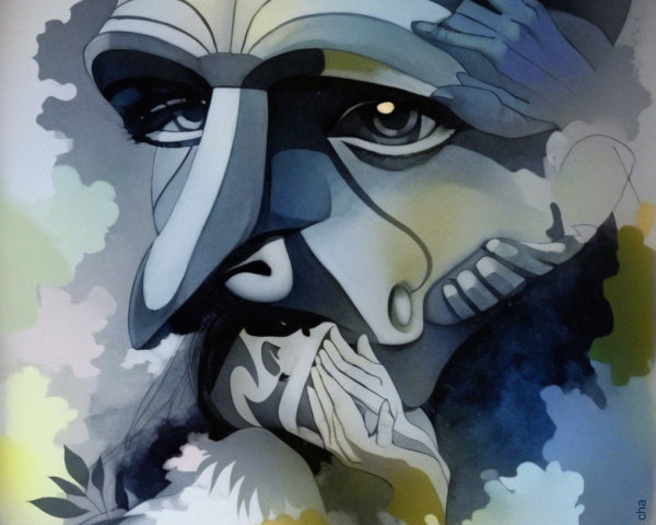Abstract Artwork with Stylized Face and Hands